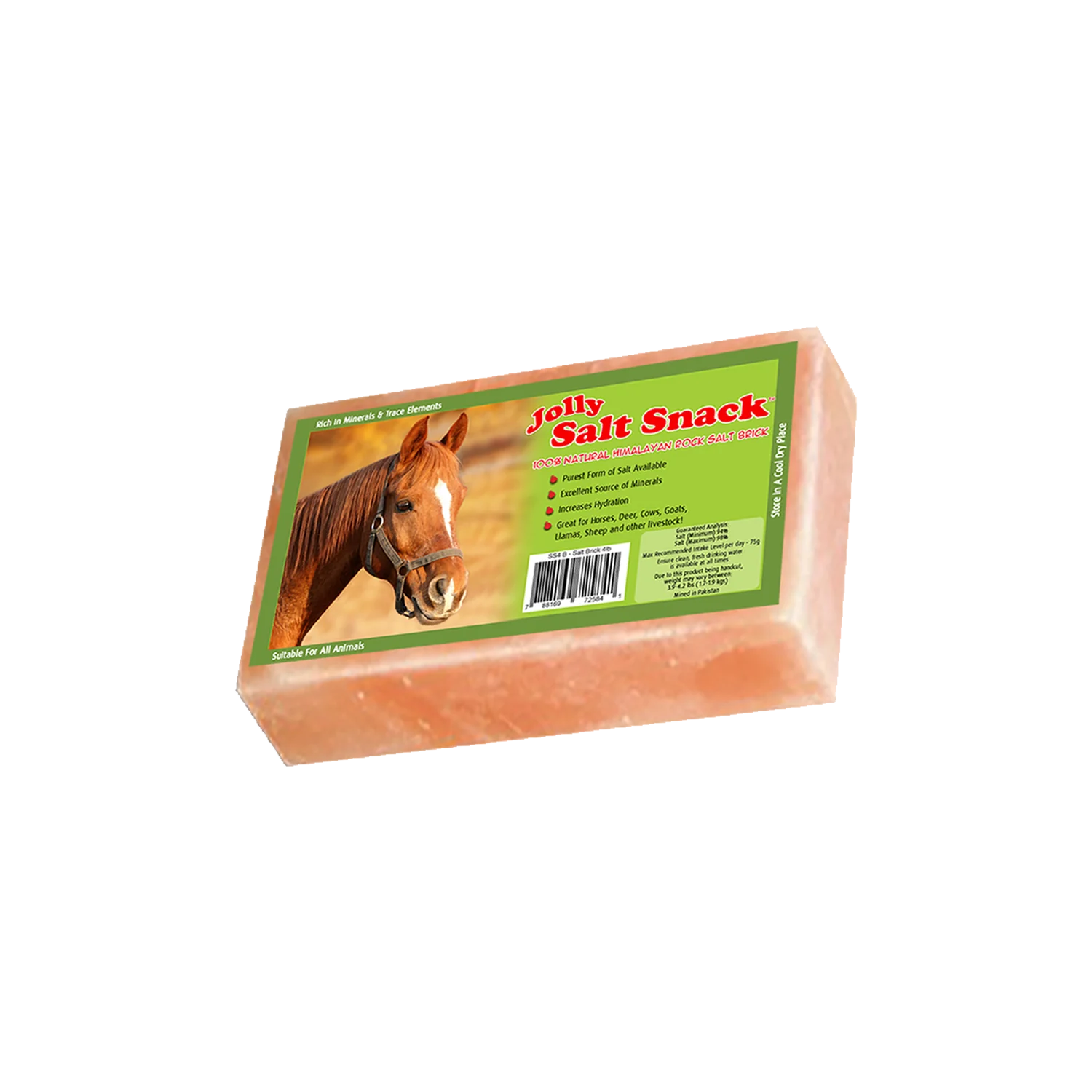 Horsemens Pride 4 lb Jolly Salt Snack Brick Optimized - Horse Salt Supply - Horse Salt Supply Horsemen’s Pride Jolly Salt Snack 4 lb Himalayan salt brick with green label